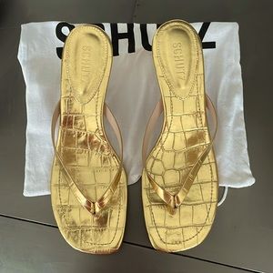 Schutz metallic gold kitten heel sandal